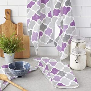 zzsunfeel Kitchen Towels Reversible for Drying Dishes, Purple Grey Geometry Morocco Set of 1 Dishcloths Cotton Hand Towels, Absorbent Dish Towels for Kitchen Counter Tea Towels 18"x 28"