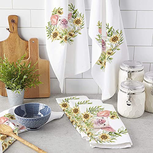 zzsunfeel Kitchen Towels Reversible for Drying Dishes, Sunflower Farm Floral Pig Set of 1 Dishcloths Cotton Hand Towels, Absorbent Dish Towels for Kitchen Counter Tea Towels 18"x 28"