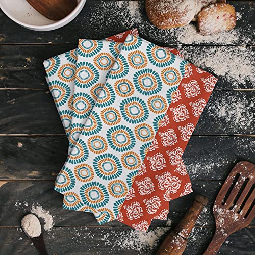 Kitchen Towels Reversible for Drying Dishes, Bohemian Red Teal Turquoise Brown Geometric Stripe Set of 1 Dishcloths Cotton Hand Towels, Absorbent Dish Towels for Kitchen Counter Tea Towels 18"x 28"