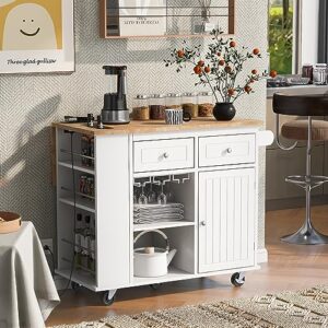 lunanniu rolling kitchen island with power outlet drop leaf wine glass holder- 5 wheels side storage cabinet & drawers for home kitchen room rubber wood top moveable portable kitchen cart white