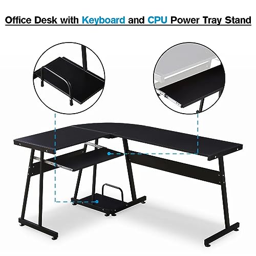 ENGERIO L-Shaped Computer Desk Reversible Office Desk with Keyboard CPU Power Tray Stand Modern Home Office Corner Table Gaming Desk Student Study Bedroom Writing Table (Black)