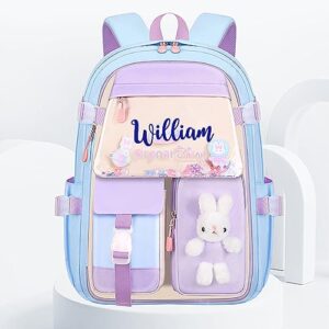 Wellhoope Kawaii Big Capacity Backpack Personalized Name Cute Aesthetic Backpack Bunny Outdoor Daypack Casual Travel Bag Laptop Backpack Pink Blue Black Purple Green