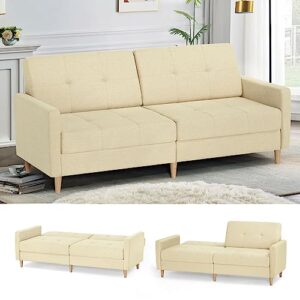 77" modern linen fabric futon sofa bed with adjustable backrest & solid wood legs, convertible loveseat couch sleeper sofabed 3 seats sofa for small space (beige)