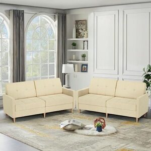 77" Modern Linen Fabric Futon Sofa Bed with Adjustable Backrest & Solid Wood Legs, Convertible Loveseat Couch Sleeper Sofabed 3 Seats Sofa for Small Space (Beige)