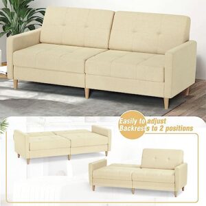 77" Modern Linen Fabric Futon Sofa Bed with Adjustable Backrest & Solid Wood Legs, Convertible Loveseat Couch Sleeper Sofabed 3 Seats Sofa for Small Space (Beige)