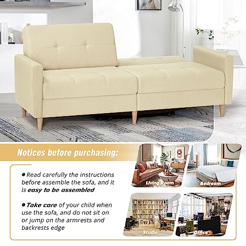 77" Modern Linen Fabric Futon Sofa Bed with Adjustable Backrest & Solid Wood Legs, Convertible Loveseat Couch Sleeper Sofabed 3 Seats Sofa for Small Space (Beige)
