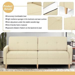 77" Modern Linen Fabric Futon Sofa Bed with Adjustable Backrest & Solid Wood Legs, Convertible Loveseat Couch Sleeper Sofabed 3 Seats Sofa for Small Space (Beige)