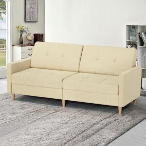 77" Modern Linen Fabric Futon Sofa Bed with Adjustable Backrest & Solid Wood Legs, Convertible Loveseat Couch Sleeper Sofabed 3 Seats Sofa for Small Space (Beige)