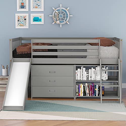 DEYOBED Twin Size Wooden Loft Bed Frame with Slide,Bookcases and Storage Drawers,Convertible Ladder for Kids Teens