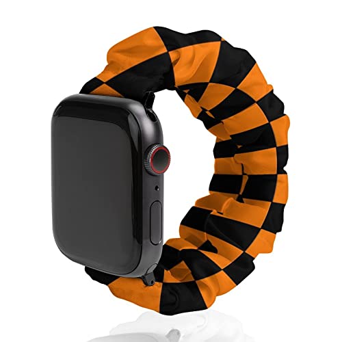 Halloween Orange Black Checkered Gold Compatible for Apple Watch Band 38/40/41mm,42/44/45mm Cloth Pattern Polyester Elastic Women Breathable Scrunchy Bands for IWatch Series SE 8 7 6 5 4 3