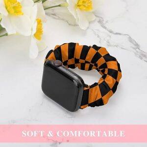 Halloween Orange Black Checkered Gold Compatible for Apple Watch Band 38/40/41mm,42/44/45mm Cloth Pattern Polyester Elastic Women Breathable Scrunchy Bands for IWatch Series SE 8 7 6 5 4 3