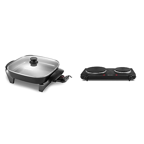 Elite Gourmet EG2212 12"x12"x2.15” Healthy Ceramic Coated Electric Skillet, Dishwasher Safe, Rapid Heat Up, 1200W & EDB-302BF# Countertop Double Cast Iron Burner, 1500 Watts