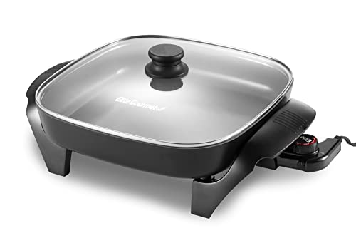 Elite Gourmet EG2212 12"x12"x2.15” Healthy Ceramic Coated Electric Skillet, Dishwasher Safe, Rapid Heat Up, 1200W & EDB-302BF# Countertop Double Cast Iron Burner, 1500 Watts