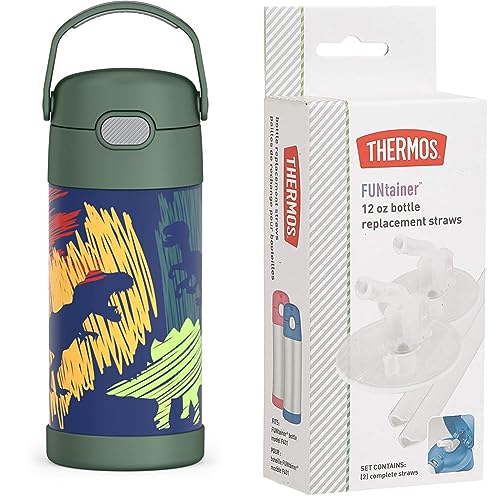 THERMOS FUNTAINER 12 Ounce Stainless Steel Vacuum Insulated Kids Straw Bottle, Dinosaurs & Replacement Straws for 12 Ounce Funtainer Bottle, Clear, 1 Pack