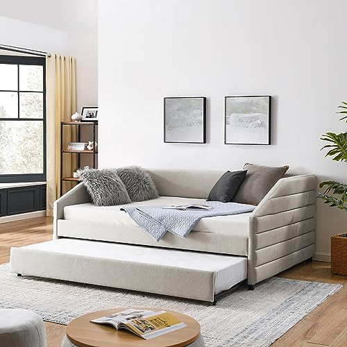 JEEOHEY Full Size Daybed with Trundle, Modern Upholstered Linen Sofa Bed for Apartment Living Room Guest Room, Solid Wood Trundle Day Bed Frame, No Box Spring Needed, Beige