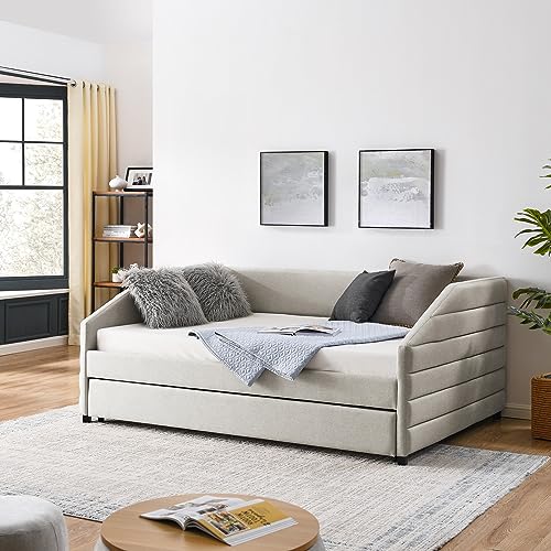 JEEOHEY Full Size Daybed with Trundle, Modern Upholstered Linen Sofa Bed for Apartment Living Room Guest Room, Solid Wood Trundle Day Bed Frame, No Box Spring Needed, Beige