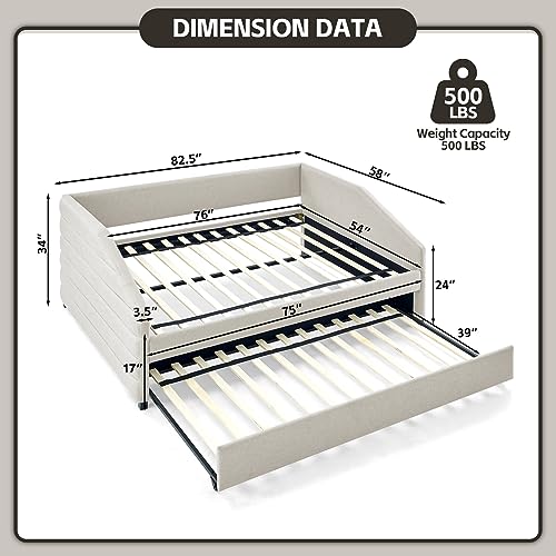 JEEOHEY Full Size Daybed with Trundle, Modern Upholstered Linen Sofa Bed for Apartment Living Room Guest Room, Solid Wood Trundle Day Bed Frame, No Box Spring Needed, Beige