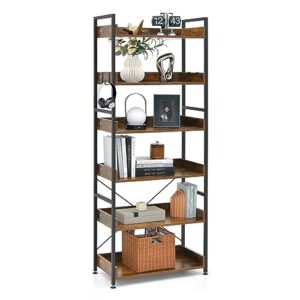 loko industrial 6-tier bookshelf, 70” tall storage shelves w/ 4 hooks, freestanding storage rack with metal frame, vintage standing display rack for living room, bathroom, balcony, kitchen, brown