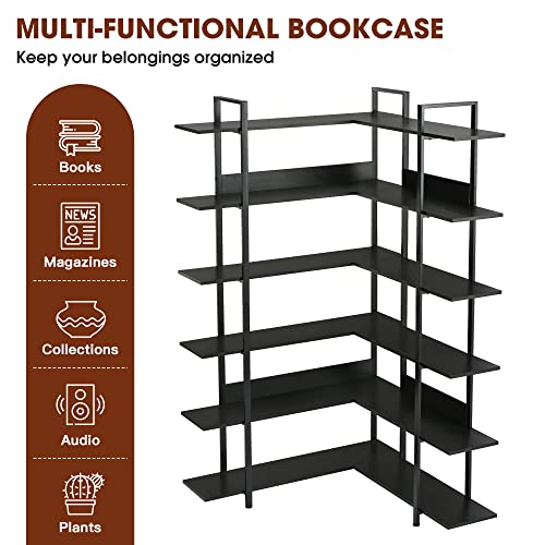 Tall L-Shape Bookcase, Corner 6-Tier Bookshelf with Back Baffles and Adjustable Foot Pads, Stainless Steel Frame, Black