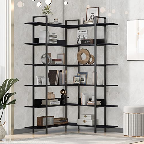 Tall L-Shape Bookcase, Corner 6-Tier Bookshelf with Back Baffles and Adjustable Foot Pads, Stainless Steel Frame, Black