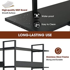 Tall L-Shape Bookcase, Corner 6-Tier Bookshelf with Back Baffles and Adjustable Foot Pads, Stainless Steel Frame, Black