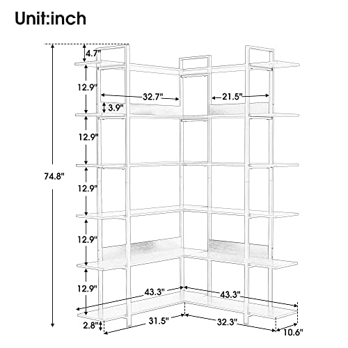 Tall L-Shape Bookcase, Corner 6-Tier Bookshelf with Back Baffles and Adjustable Foot Pads, Stainless Steel Frame, Black