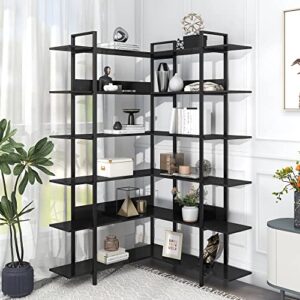 Tall L-Shape Bookcase, Corner 6-Tier Bookshelf with Back Baffles and Adjustable Foot Pads, Stainless Steel Frame, Black