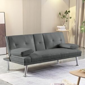 anwick modern leather futon sofa bed,convertible folding couch recliner sleeper loveseat for small space,apartment,office,dorm,with cup holders and removable armrest (gray-new)