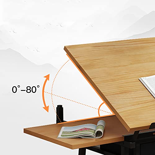 Drafting Desk, Drafting Table, 0-80°Angle Adjustable Drawing Table with 2 Drawers, Art Desk Height Adjustable, Wood Student Study Desk for Painting, Writing, Pen Holder and Art Craft Supplies