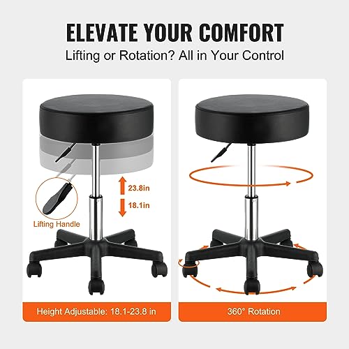 VEVOR Rolling Stools with Wheels, 400 LBS Weight Capacity Adjustable Height Stool with Ultra-Thick Seat Cushion, Swivel Stools Chair for Salon, Bar, Home, Office, Tatoo, Medical, Massage, Black