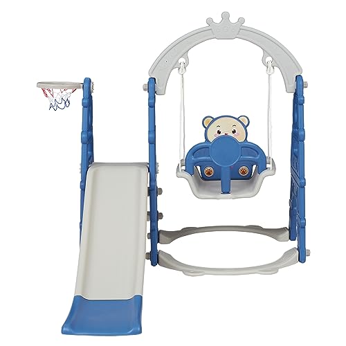 Elesuli 4in1 Toddler Swing and Slide Set Kids Indoor Slide Swing Climber with Basketball Hoop Kid Child Playset Inside Playground Birthday Outdoor Backyard Blue