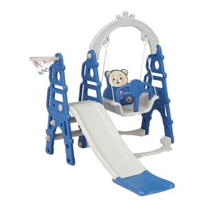 Elesuli 4in1 Toddler Swing and Slide Set Kids Indoor Slide Swing Climber with Basketball Hoop Kid Child Playset Inside Playground Birthday Outdoor Backyard Blue