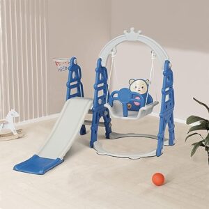 Elesuli 4in1 Toddler Swing and Slide Set Kids Indoor Slide Swing Climber with Basketball Hoop Kid Child Playset Inside Playground Birthday Outdoor Backyard Blue