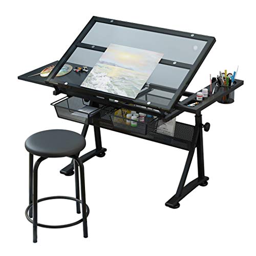 Drafting Desk, Drafting Table with Storage, Height Adjustable Tiltable Art Desk, Glass Panel Drawing Desk, for Work Study Painting Craft Table