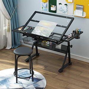 drafting desk, drafting table with storage, height adjustable tiltable art desk, glass panel drawing desk, for work study painting craft table