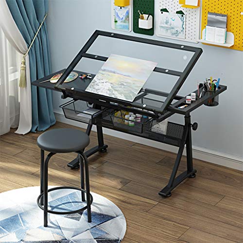 Drafting Desk, Drafting Table with Storage, Height Adjustable Tiltable Art Desk, Glass Panel Drawing Desk, for Work Study Painting Craft Table