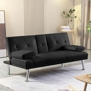 majnesvon modern leather futon sofa bed,convertible folding couch recliner,sleeper loveseat for small space,apartment office dorms,with cup holders and removable armrest (black-new)