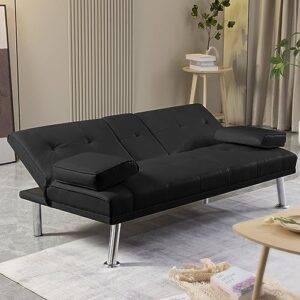 Majnesvon Modern Leather Futon Sofa Bed,Convertible Folding Couch Recliner,Sleeper Loveseat for Small Space,Apartment Office Dorms,with Cup Holders and Removable Armrest (Black-New)