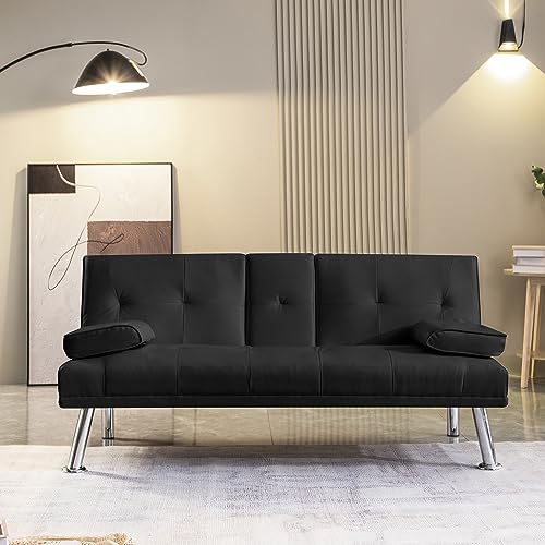 Majnesvon Modern Leather Futon Sofa Bed,Convertible Folding Couch Recliner,Sleeper Loveseat for Small Space,Apartment Office Dorms,with Cup Holders and Removable Armrest (Black-New)