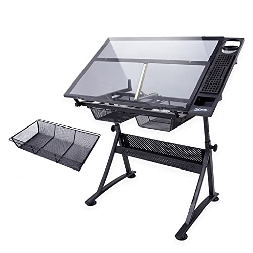 Drafting Desk, Adjustable Glass Drafting Table,Versatile Art Study Table,with Storage Drawers,Art Studio Design Sketching Painting Work Station