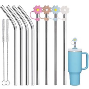 8 pcs stainless steel straw for stanley 40oz adveture quencher tumbler, 12 inch replacement straw with 8 pcs flower straw cover, metal straw for stanley 30oz