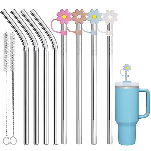 8 PCS Stainless Steel Straw for Stanley 40oz Adveture Quencher Tumbler, 12 inch Replacement Straw with 8 PCS Flower Straw Cover, Metal Straw for Stanley 30oz