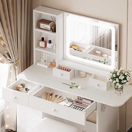 LIKIMIO Vanity Desk with Drawers & LED Lighted Mirror & Power Outlet & Cabinet, Storage Stool, Stylish Bedroom Makeup Table Set, White