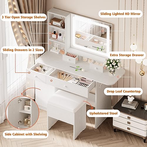 LIKIMIO Vanity Desk with Drawers & LED Lighted Mirror & Power Outlet & Cabinet, Storage Stool, Stylish Bedroom Makeup Table Set, White