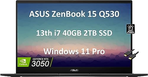 ASUS ZenBook 15 Pro OLED 15.6" FHD (Intel 13th Gen Core i7-13620H, 40GB DDR5 RAM, 2TB SSD, RTX 3050 6GB) Workstation & Business Laptop, 10-Hr Battery Life, Backlit, Webcam, IST Cable, Win 11 Pro