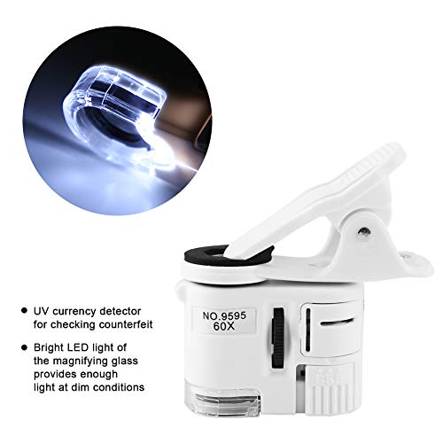 Mobile Phone Clip On Microscope, Magnifying Glass with Light 60x Zoom Microscope Magnifier, LED Light Micro Lens for Universal Mobile Phones Universal Clamp for Cell Phone