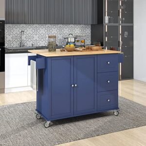 feelle rolling mobile kitchen island with drop leaf - solid wood top, locking wheels & storage cabinet 52.7 inch width（dark blue）