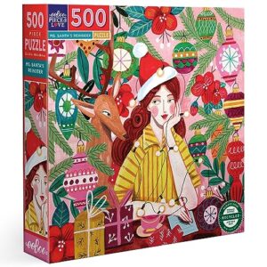 eeboo piece & love: ms. santa's reindeer - 500 piece puzzle - adult square jigsaw, 23x23, glossy pieces, christmas holiday themed