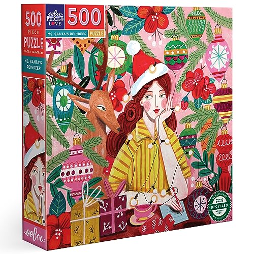 eeBoo Piece & Love: Ms. Santa's Reindeer - 500 Piece Puzzle - Adult Square Jigsaw, 23x23, Glossy Pieces, Christmas Holiday Themed