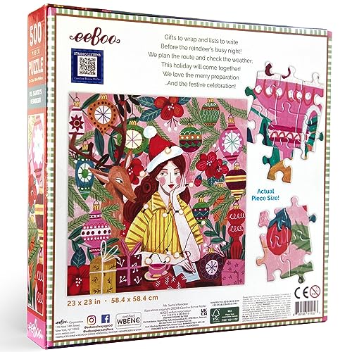 eeBoo Piece & Love: Ms. Santa's Reindeer - 500 Piece Puzzle - Adult Square Jigsaw, 23x23, Glossy Pieces, Christmas Holiday Themed